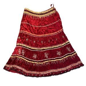 Chaudry KC Boho Red Tiered Sequin Floral Embroidered Velvet Midi Skirt- Sz Large